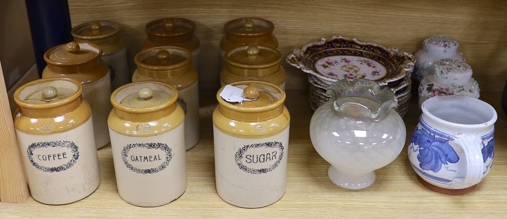An English porcelain part desert set c.1825, a set of 9 James Pearson stoneware kitchenalia jars together with other ceramics and glass